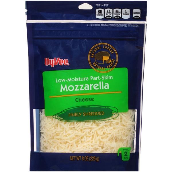 slide 1 of 1, Hy-vee Mozzarella Low-moisture Part-skim Finely Shredded Cheese, 8 oz