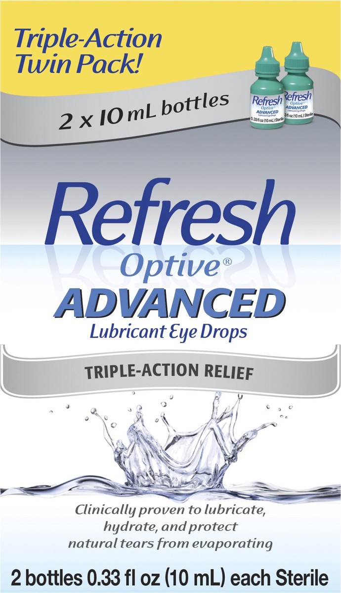 slide 3 of 6, Refresh Optive Advanced Lubricant Eye Drops Preserved Tears, 2 Count, 2x0.33 fl oz (20 mL), 2 ct