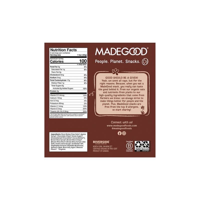 slide 2 of 8, MadeGood Chocolate Chip Granola Bars - 5.1oz/6pk, 6 ct; 5.1 oz