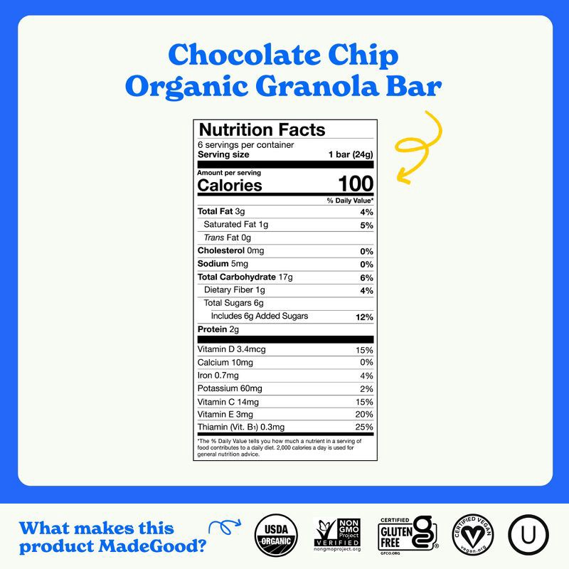 slide 6 of 8, MadeGood Chocolate Chip Granola Bars - 5.1oz/6pk, 6 ct; 5.1 oz