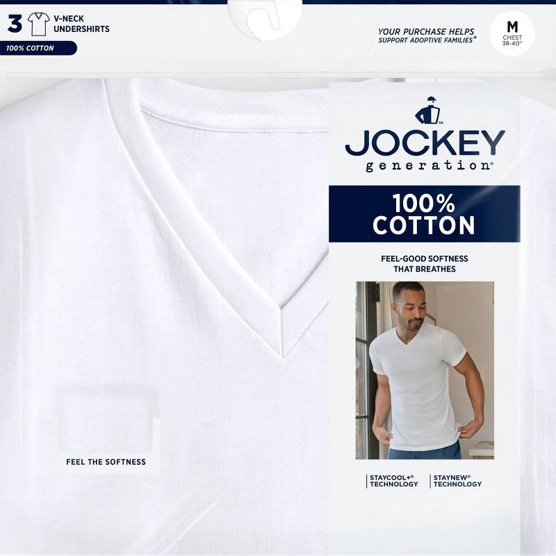 slide 3 of 5, Jockey Generation™ Men's 100% Cotton V-Neck Undershirt 3pk - White M: Moisture Wicking, Tagless, 3 ct