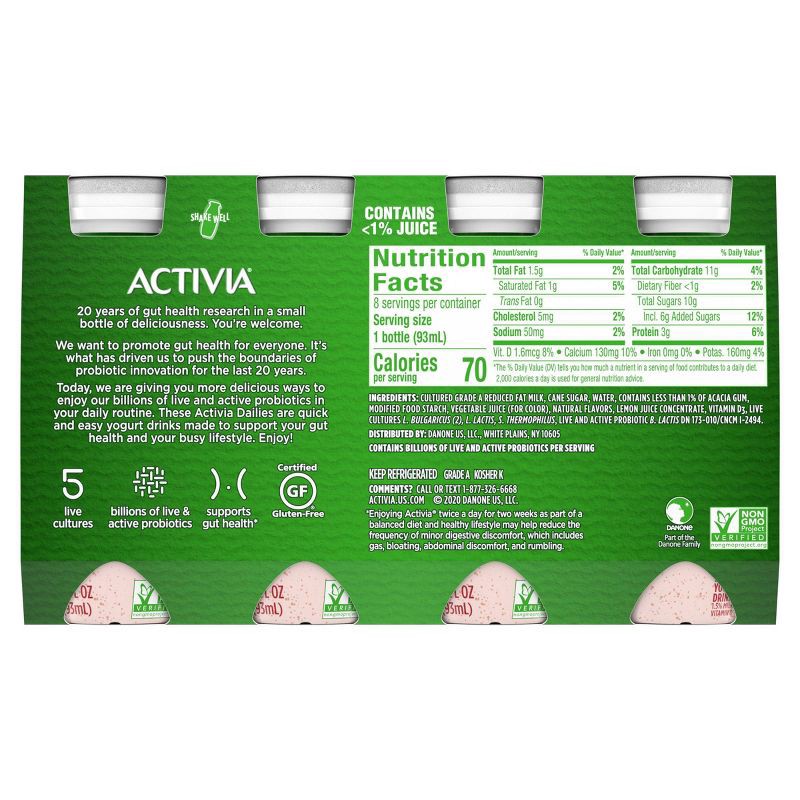 Activia Dailies Strawberry Probiotic Low Fat Yogurt Drinks, 8 ct