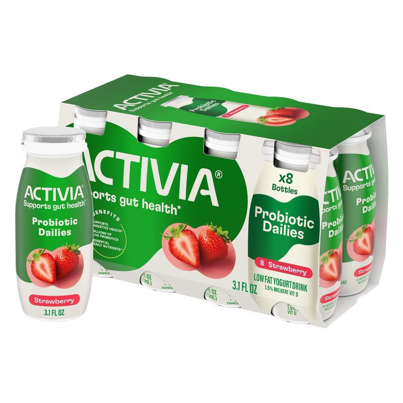 slide 1 of 12, Activia Probiotic Dailies Strawberry Yogurt Drink - 8ct/3.1 fl oz Bottles, 8 ct; 3.1 fl oz