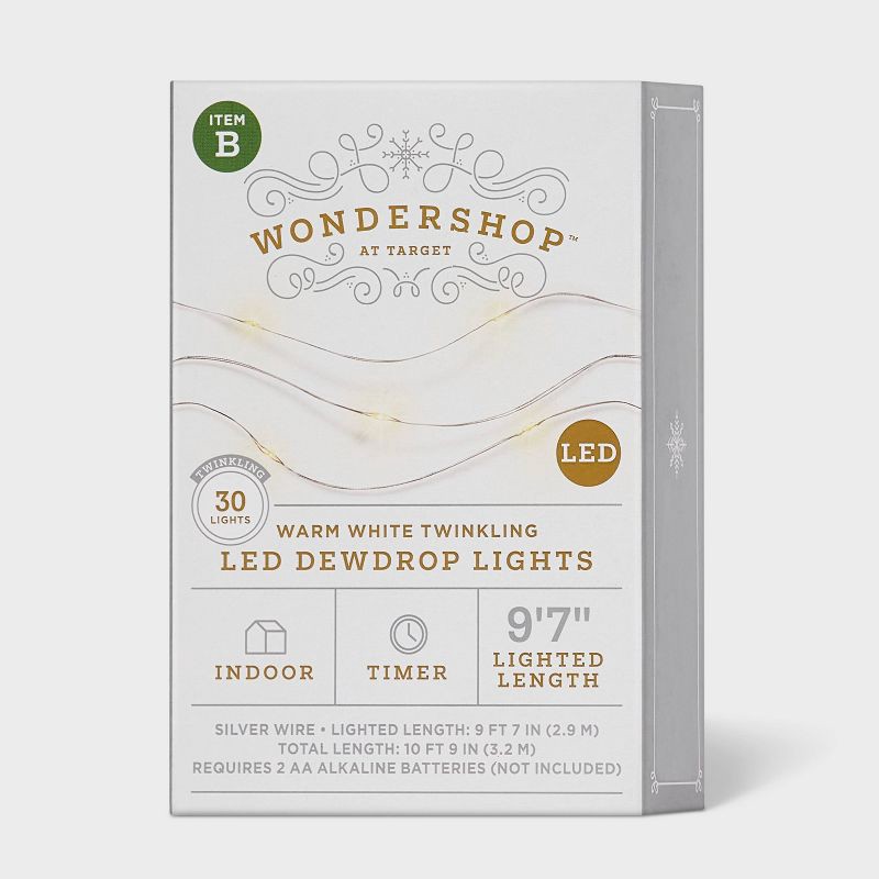 slide 5 of 5, 30ct Battery Operated LED Twinkling Christmas Dewdrop Fairy String Lights Warm White with Silver Wire - Wondershop™, 30 ct