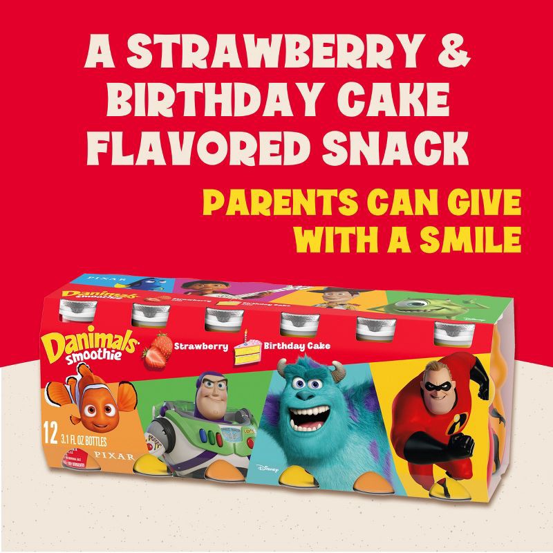 slide 18 of 20, Danimals Strawberry & Birthday Cake Kids' Smoothies - 12ct/3.1 fl oz Bottles, 12 ct; 3.1 fl oz