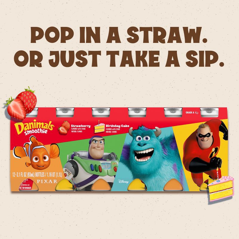slide 5 of 20, Danimals Strawberry & Birthday Cake Kids' Smoothies - 12ct/3.1 fl oz Bottles, 12 ct; 3.1 fl oz