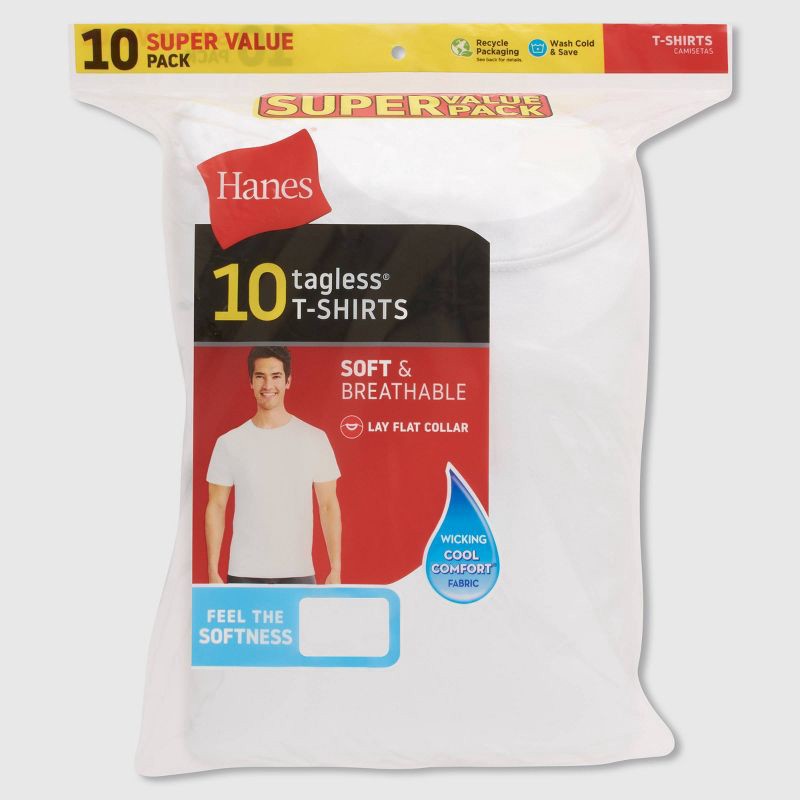slide 5 of 7, Hanes Men's Moisture-Wicking Crew Neck Undershirt 10pk - White S: Cotton, Lightweight, Tagless, Breathable,, 10 ct
