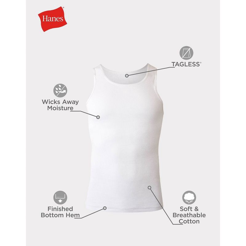 slide 7 of 8, Hanes Men's Tank Top Undershirt 10pk - White S: Cotton, Tagless, Moisture Wicking, Pullover, U Neck, 10 ct