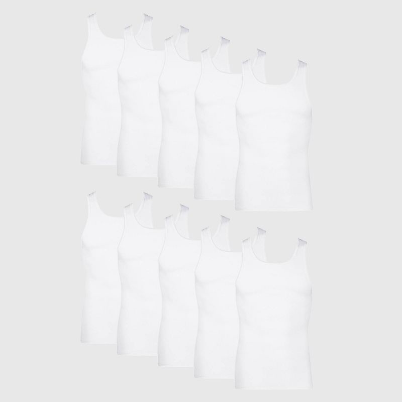 slide 1 of 8, Hanes Men's Tank Top Undershirt 10pk - White S: Cotton, Tagless, Moisture Wicking, Pullover, U Neck, 10 ct