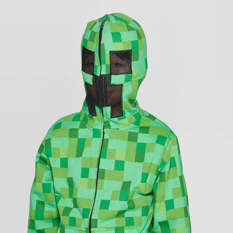 slide 4 of 4, Boys' Minecraft Creeper Costume Fleece Sweatshirt - Green M, 1 ct