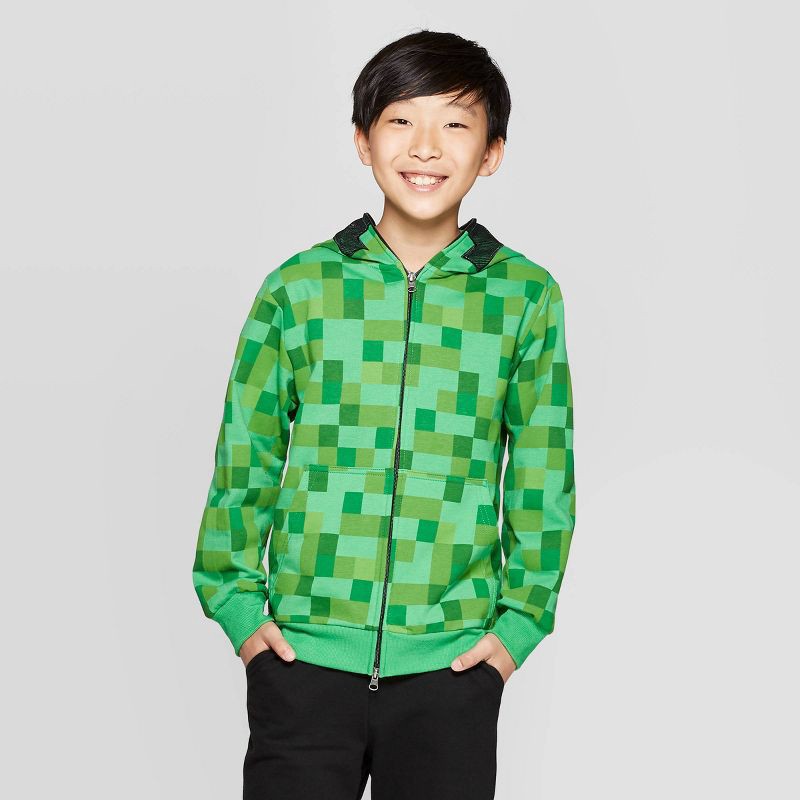 slide 1 of 4, Boys' Minecraft Creeper Costume Fleece Sweatshirt - Green L, 1 ct
