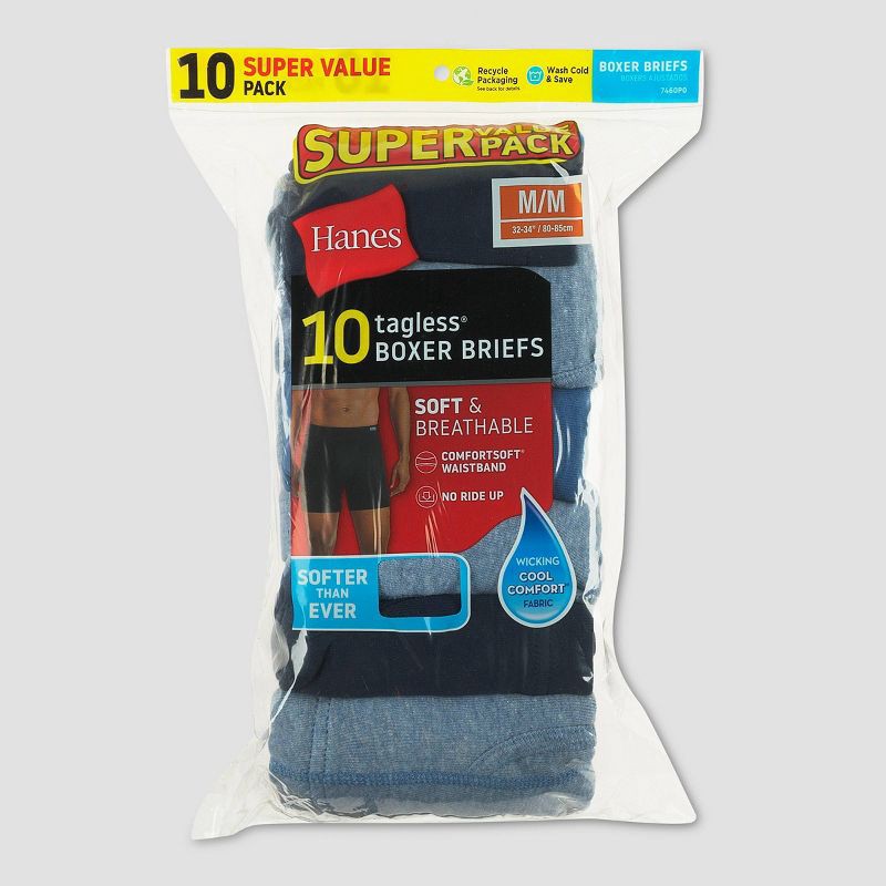 slide 2 of 5, Hanes Men's ComfortSoft Waistband Moisture-Wicking Cotton Boxer Briefs 10pk - Blue XL: Tagless, Breathable, Mid Rise, Pull-On, 10 ct