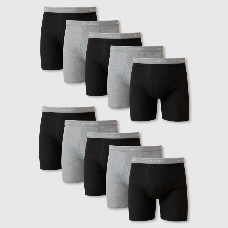 slide 1 of 6, Hanes Men's Super Value Moisture-Wicking Cotton Boxer Briefs 10pk - Black/Gray L, 10 ct