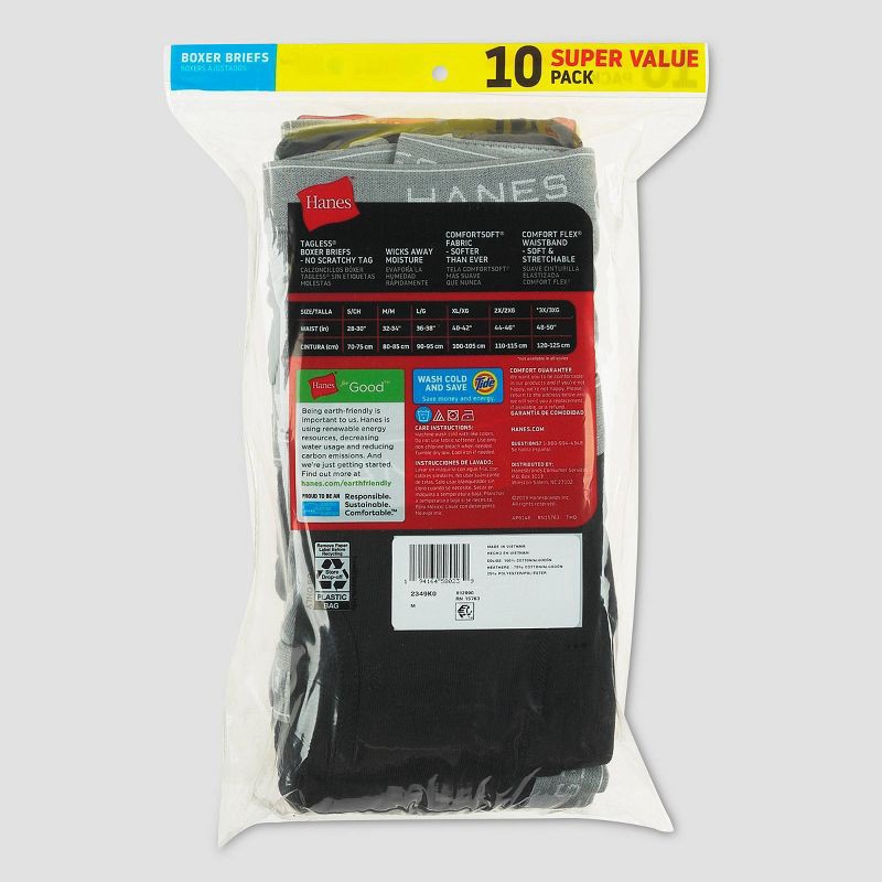 slide 6 of 8, Hanes Men's Super Value Moisture-Wicking Cotton Boxer Briefs 10pk - Black/Gray M: Tagless, Breathable, Mid Rise, 10 ct