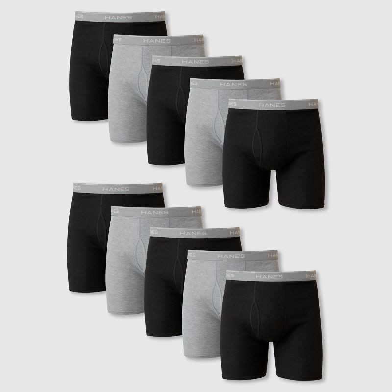 slide 1 of 8, Hanes Men's Super Value Moisture-Wicking Cotton Boxer Briefs 10pk - Black/Gray S: Tagless, Breathable, Mid Rise, 10 ct