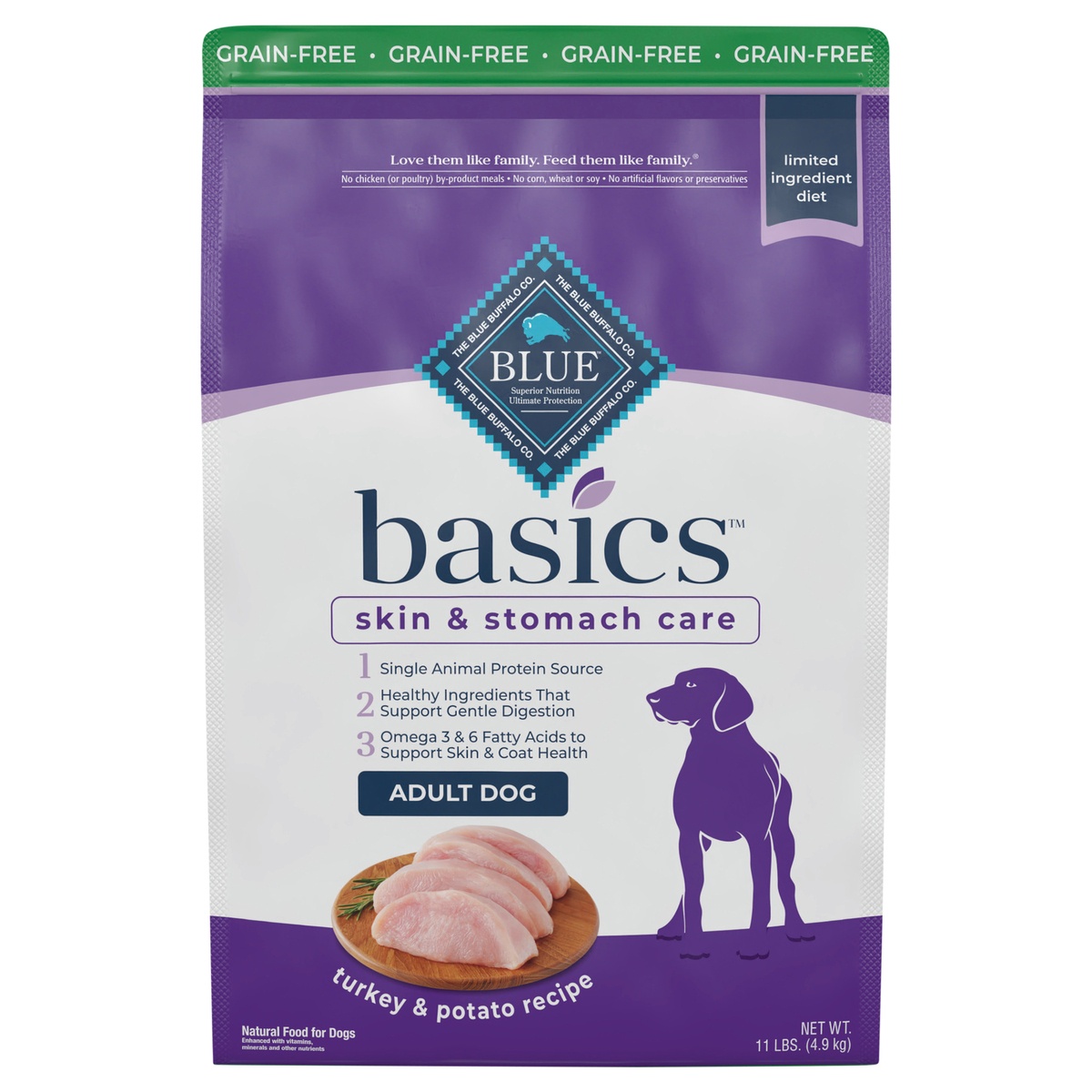slide 1 of 10, Blue Buffalo Basics Skin & Stomach Care, Grain Free Natural Adult Dry Dog Food, Turkey & Potato 11-lb, 11 lb