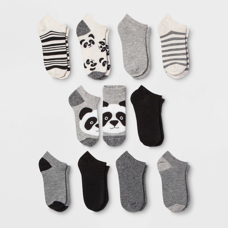 slide 1 of 2, Women's Panda 10pk Low Cut Socks - Xhilaration™ Black/White/Gray 4-10, 10 ct