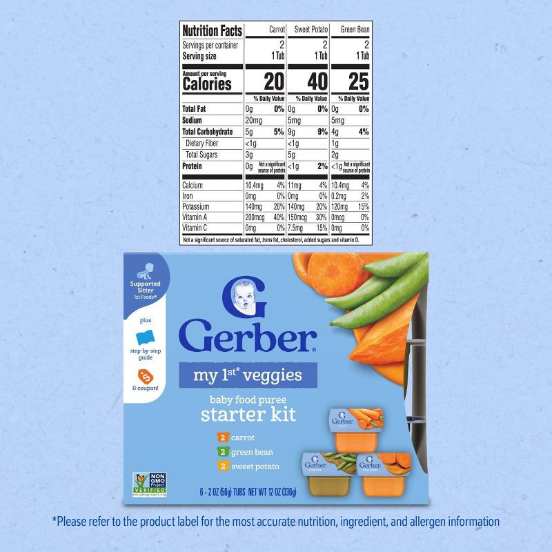 slide 7 of 10, Gerber Non-GMO Baby Food Stage 1 My 1st Veggies Starter Kit Puree Tubs 2oz/6pk, 6 ct; 2 oz