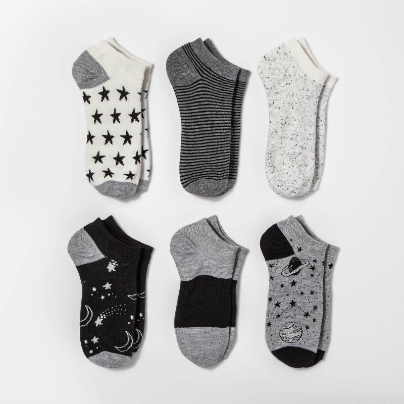 slide 1 of 2, Women's Outerspace 6pk Low Cut Socks - Gray 4-10: Recycled Polyester, Tagless, Knit, Shapes Pattern, 6 ct