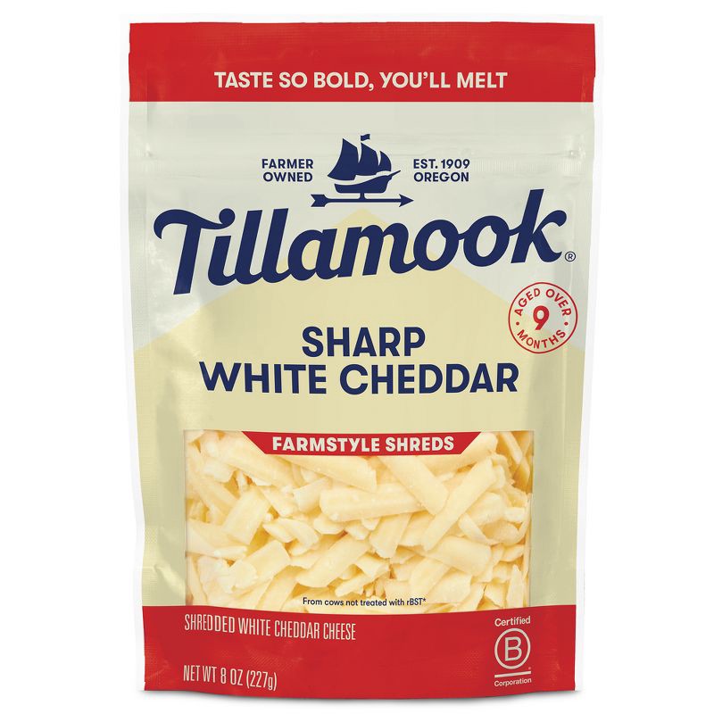 slide 1 of 9, Tillamook Farmstyle Sharp White Cheddar Shredded Cheese - 8oz, 8 oz