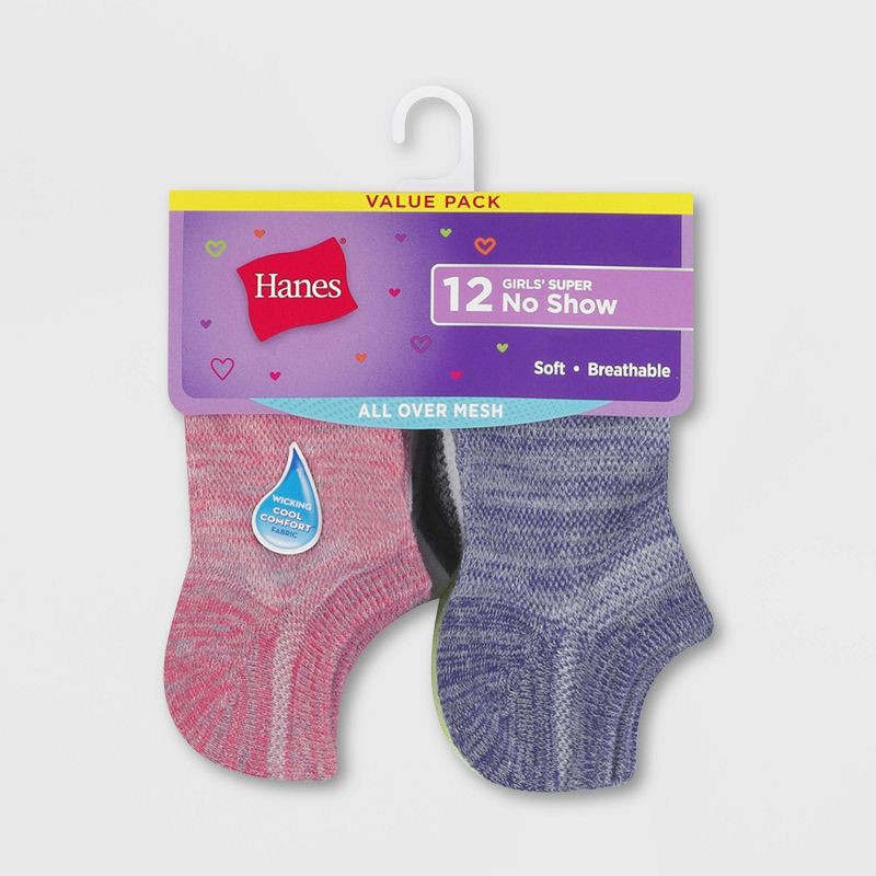 slide 2 of 5, Hanes Girls' 12pk Super No Show Athletic Socks - Colors May Vary M, 12 ct