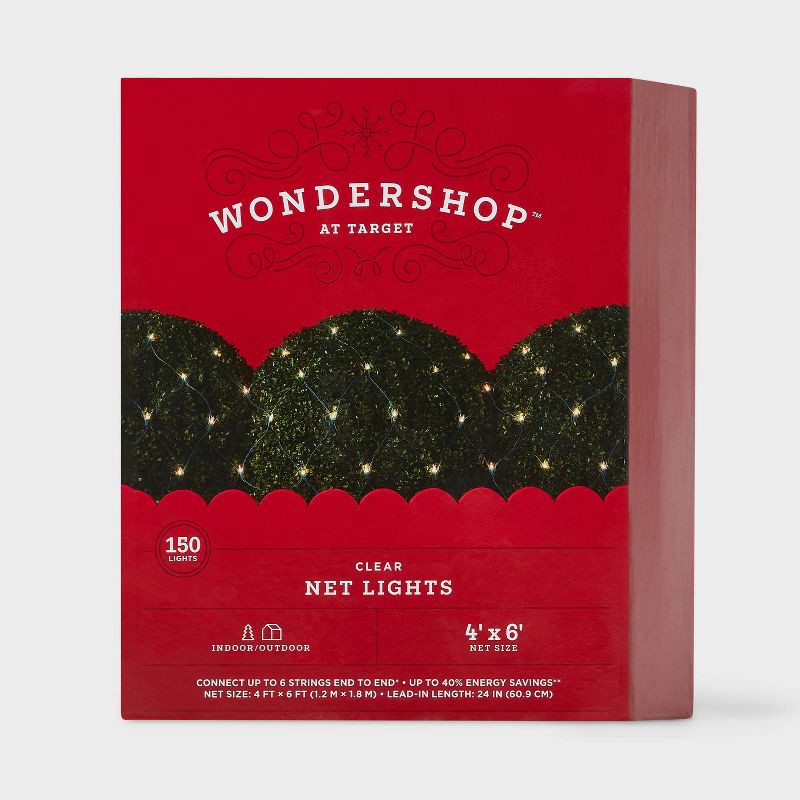 slide 5 of 5, 150ct 4'x6' Incandescent Mini Christmas Net Lights Clear with Green Wire - Wondershop™, 150 ct