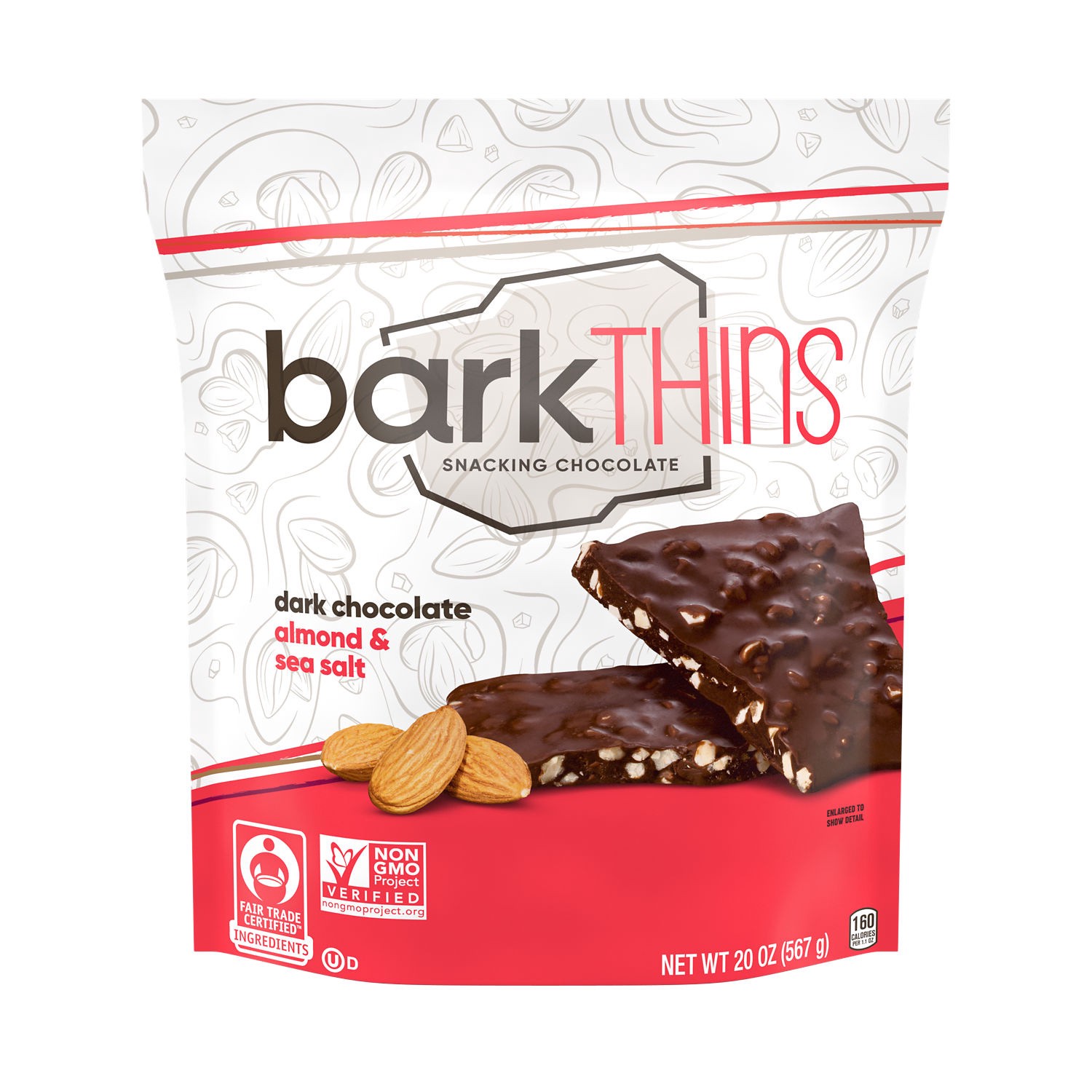 slide 1 of 7, barkTHINS Dark Chocolate Almond and Sea Salt Fair Trade Certified Ingredients, Non GMO Snacking Chocolate Bag, 20 oz, 