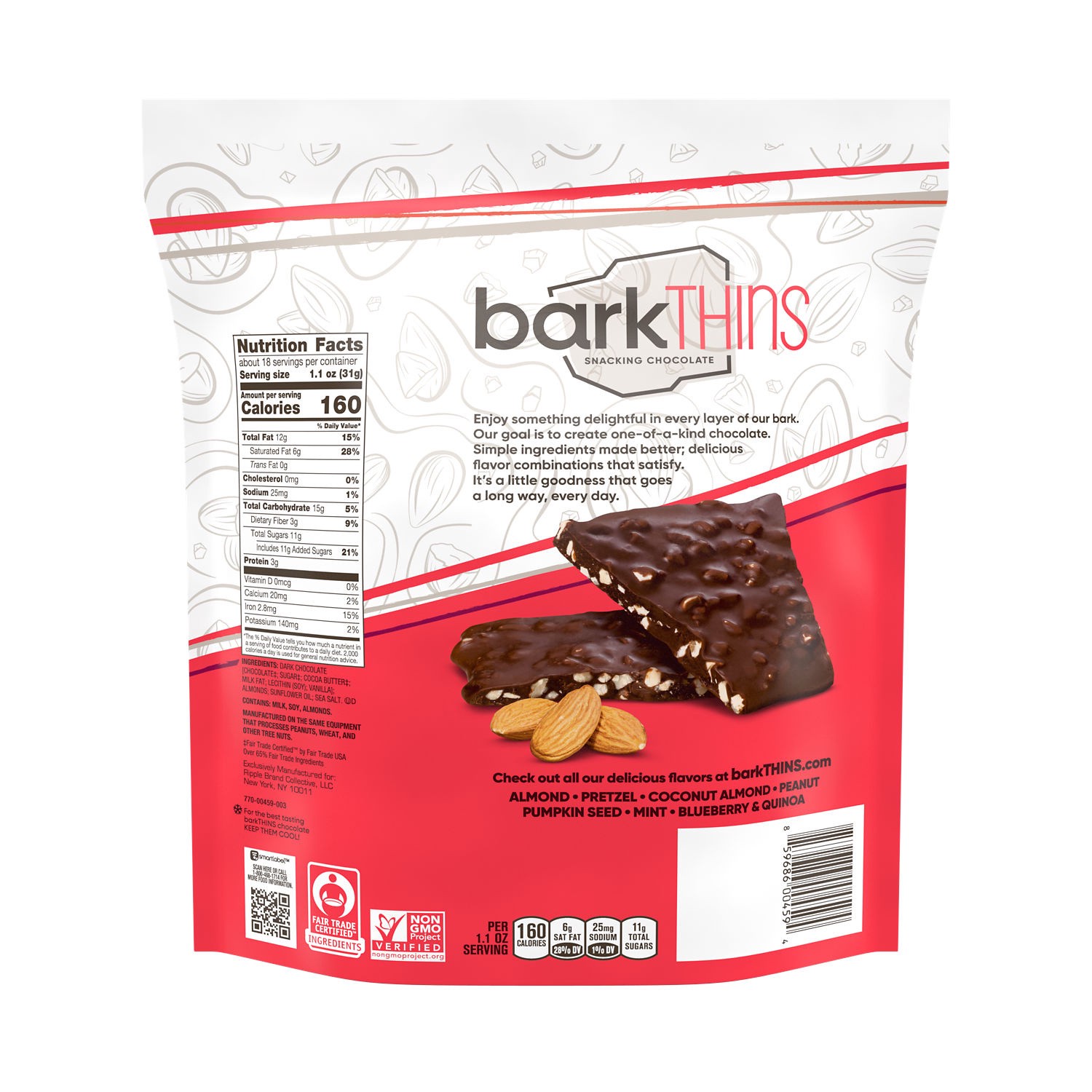 slide 3 of 7, barkTHINS Dark Chocolate Almond and Sea Salt Fair Trade Certified Ingredients, Non GMO Snacking Chocolate Bag, 20 oz, 