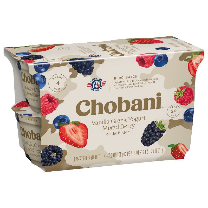 slide 2 of 8, Chobani Mixed Berry on the Bottom Low-Fat Vanilla Greek Yogurt - 4ct/5.3oz Cups, 4 ct; 5.3 oz