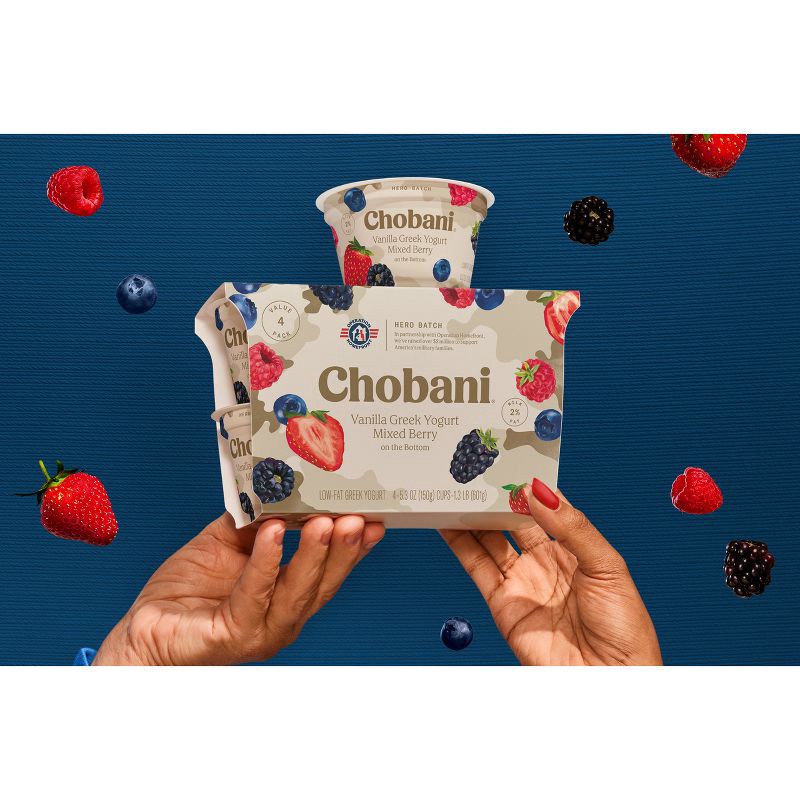 slide 4 of 8, Chobani Mixed Berry on the Bottom Low-Fat Vanilla Greek Yogurt - 4ct/5.3oz Cups, 4 ct; 5.3 oz