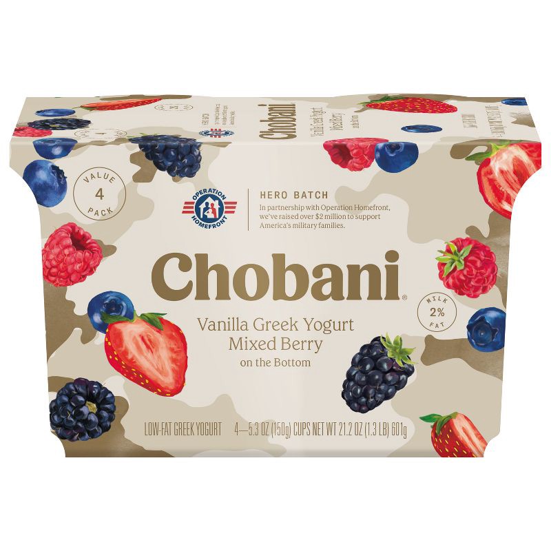 slide 1 of 8, Chobani Mixed Berry on the Bottom Low-Fat Vanilla Greek Yogurt - 4ct/5.3oz Cups, 4 ct; 5.3 oz