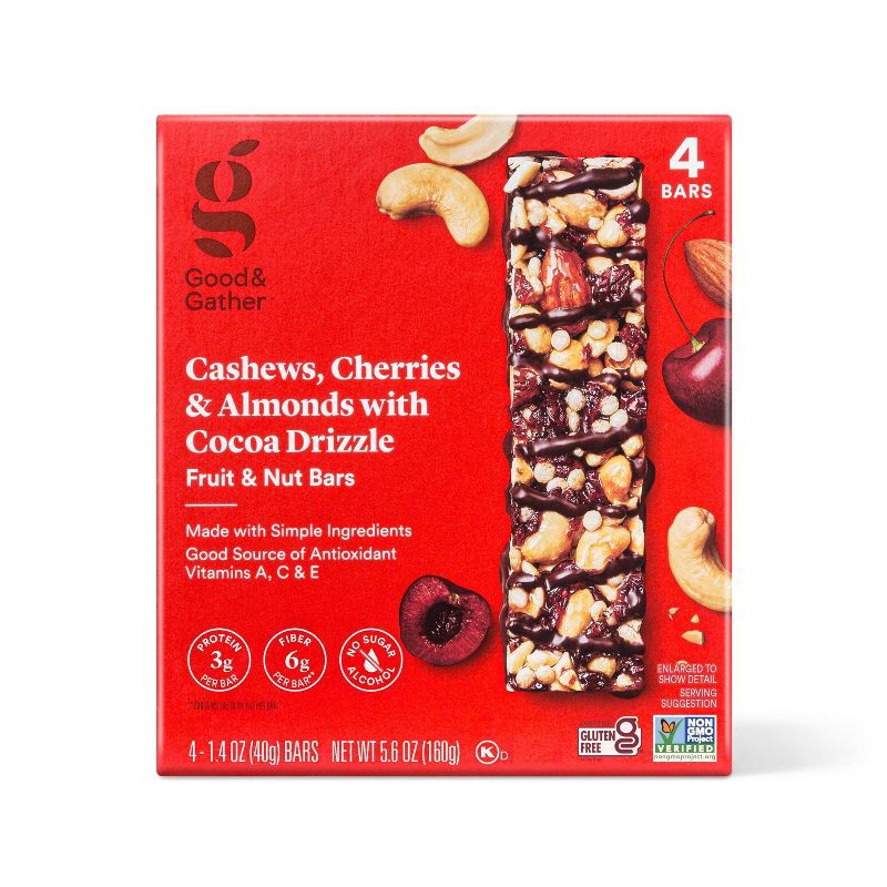 slide 1 of 3, Cashews, Cherries and Almond with Cocoa Drizzle Fruit and Nut Bars - 4ct - Good & Gather™, 4 ct