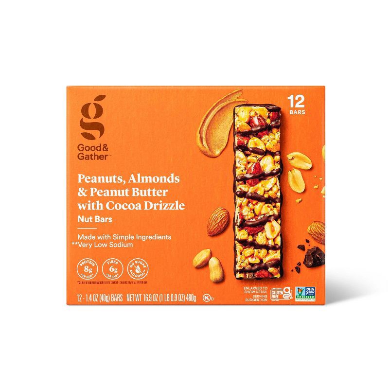 slide 1 of 4, Almonds and Peanut Butter with Cocoa Drizzle Nut Bar - 12ct - Good & Gather™, 12 ct
