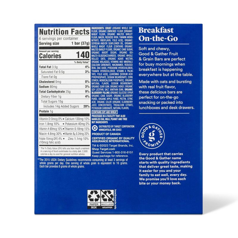 slide 3 of 4, Organic Whole Grain Blueberry Fruit & Grain Bars - 6ct - Good & Gather™, 6 ct