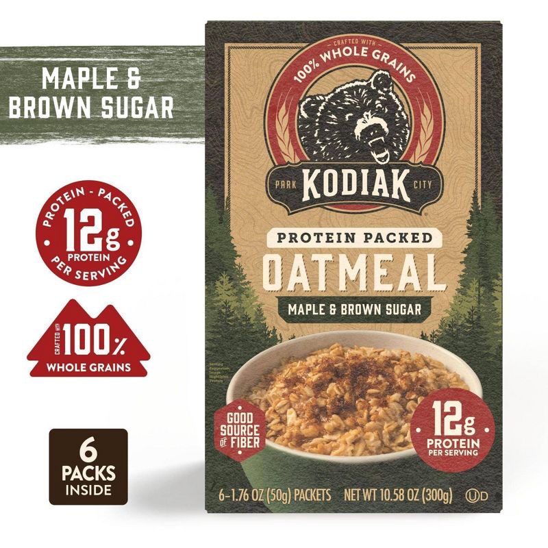 slide 2 of 7, Kodiak Cakes Kodiak Protein-Packed Instant Oatmeal Maple & Brown Sugar - 6ct, 6 ct