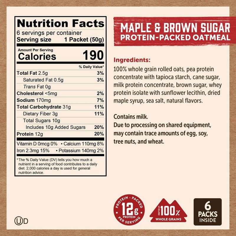 slide 6 of 7, Kodiak Cakes Kodiak Protein-Packed Instant Oatmeal Maple & Brown Sugar - 6ct, 6 ct