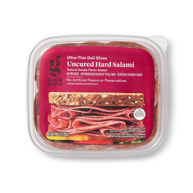 slide 1 of 3, Uncured Hard Salami Ultra-Thin Deli Slices - 7oz - Good & Gather, 7 oz