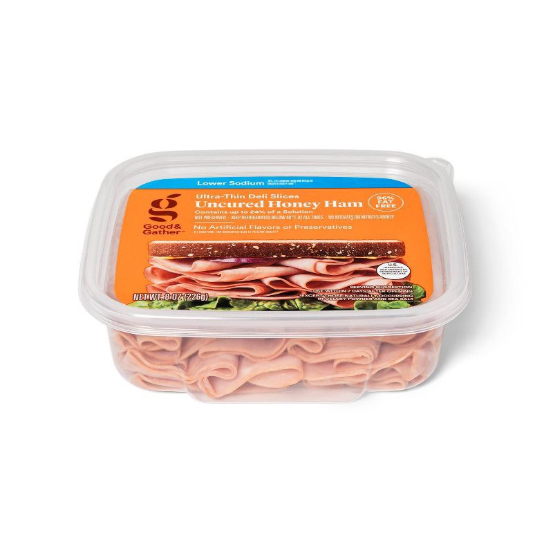 slide 2 of 3, Lower Sodium Uncured Honey Ham Ultra-Thin Deli Slices - 8oz - Good & Gather™, 8 oz