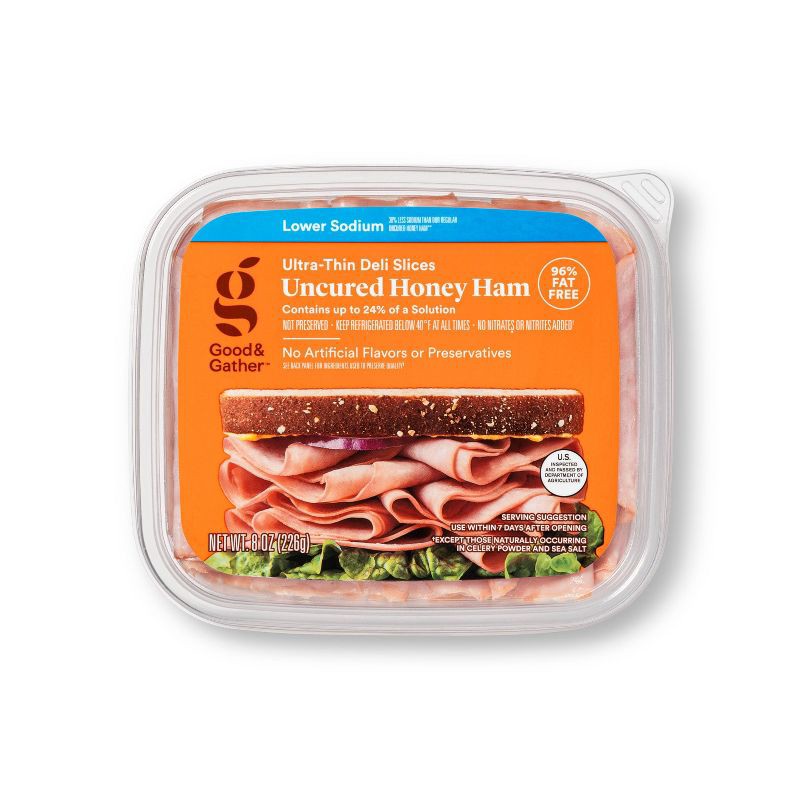 slide 1 of 3, Lower Sodium Uncured Honey Ham Ultra-Thin Deli Slices - 8oz - Good & Gather™, 8 oz
