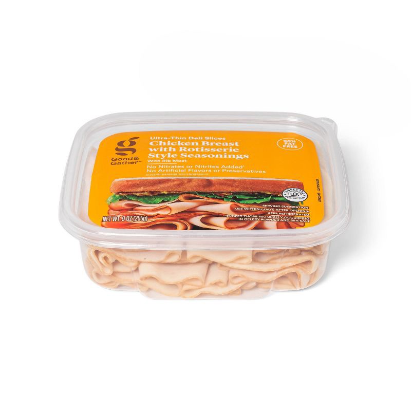 slide 3 of 4, Rotisserie Seasoned Chicken Breast Ultra-Thin Deli Slices - 9oz - Good & Gather™, 9 oz