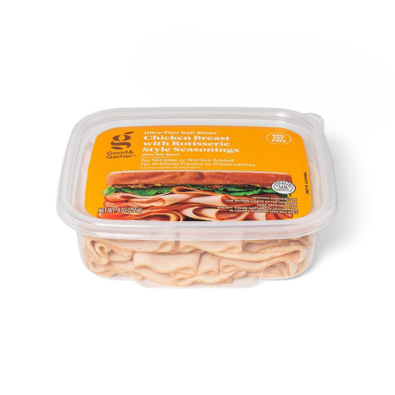 slide 2 of 3, Rotisserie Seasoned Chicken Breast Ultra-Thin Deli Slices - 9oz - Good & Gather™, 9 oz