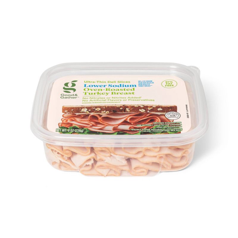 slide 2 of 3, Lower Sodium Oven Roasted Turkey Breast Ultra-Thin Deli Slices - 8oz - Good & Gather™, 8 oz