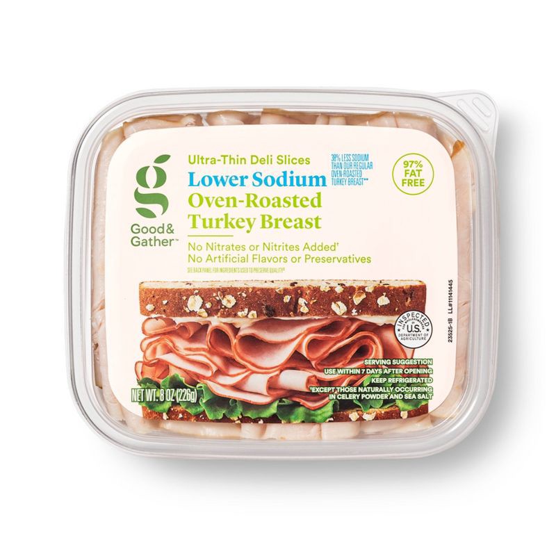 slide 1 of 3, Lower Sodium Oven Roasted Turkey Breast Ultra-Thin Deli Slices - 8oz - Good & Gather™, 8 oz