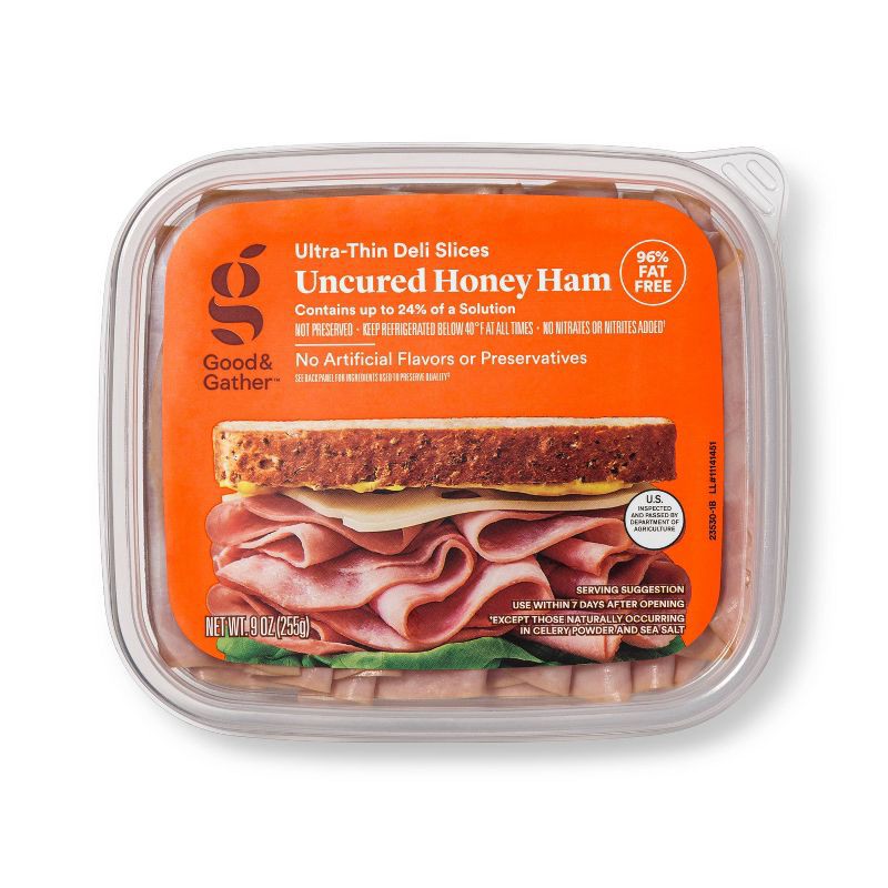 slide 1 of 3, Uncured Honey Ham Ultra-Thin Deli Slices - 9oz - Good & Gather™, 9 oz