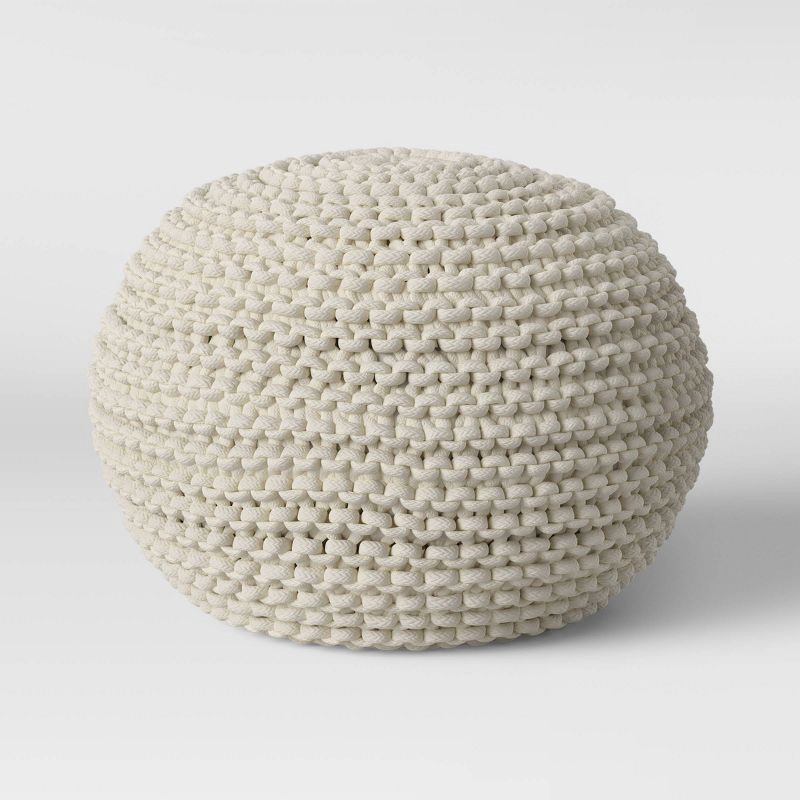slide 3 of 8, Cloverly Chunky Knit Pouf Cream - Threshold™: Round Cotton Footrest with Polystyrene Beads, 1 ct
