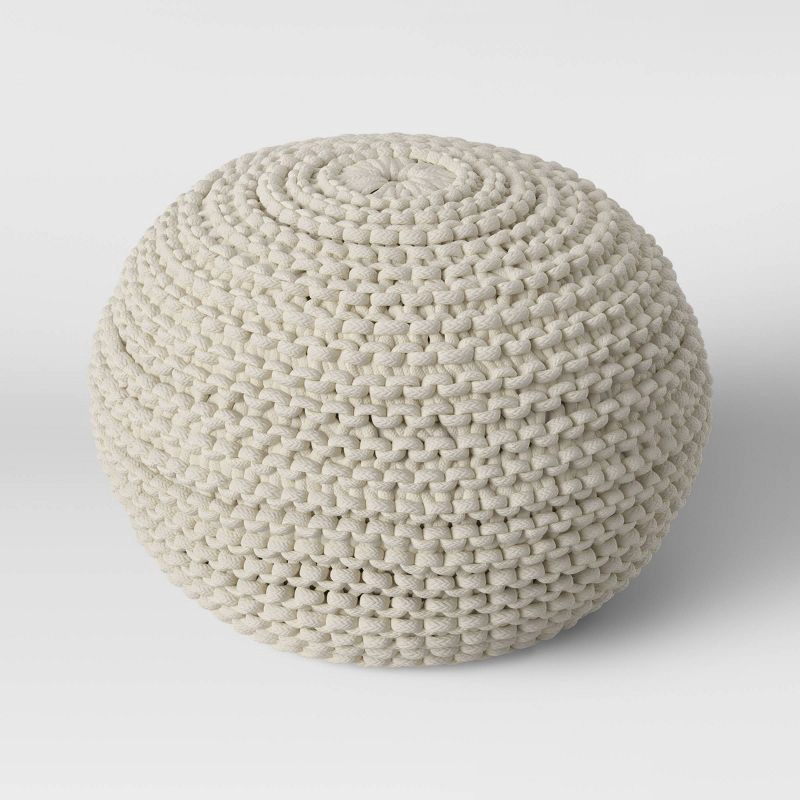 slide 2 of 8, Cloverly Chunky Knit Pouf Cream - Threshold™: Round Cotton Footrest with Polystyrene Beads, 1 ct