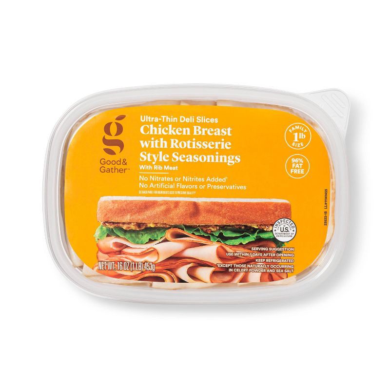 slide 1 of 3, Rotisserie Seasoned Chicken Breast Ultra-Thin Deli Slices - 16oz - Good & Gather™, 16 oz