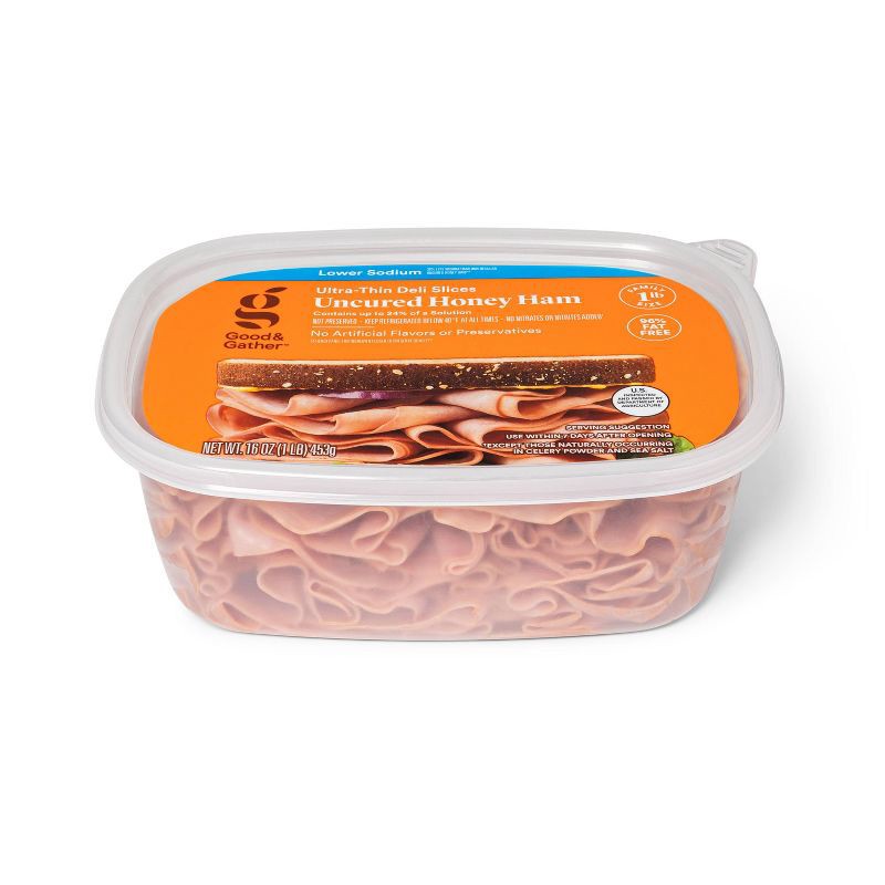 slide 2 of 3, Lower Sodium Uncured Honey Ham Ultra-Thin Deli Slices - 16oz - Good & Gather™, 16 oz