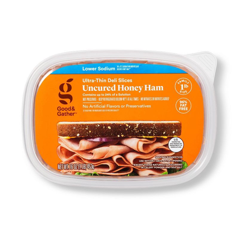 slide 1 of 3, Lower Sodium Uncured Honey Ham Ultra-Thin Deli Slices - 16oz - Good & Gather™, 16 oz
