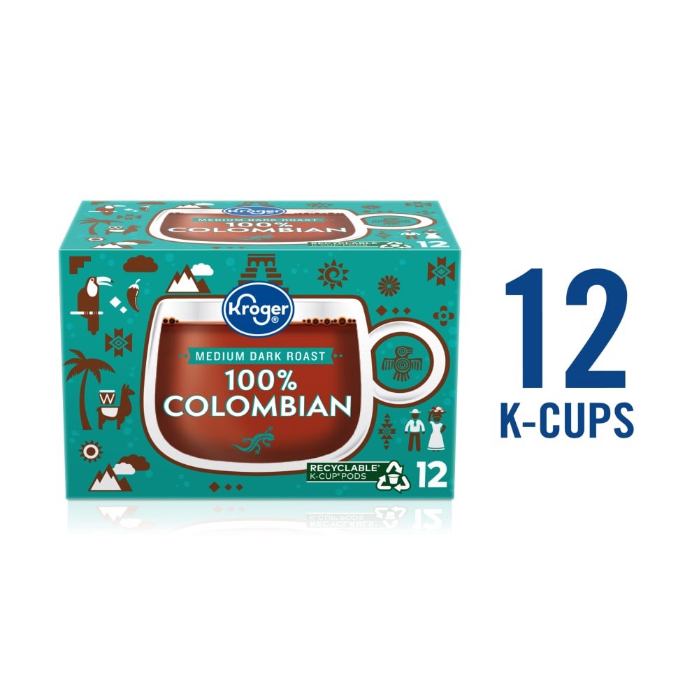 slide 2 of 5, Kroger 100% Colombian Medium Dark Roast Coffee K-Cup Pods, 12 ct